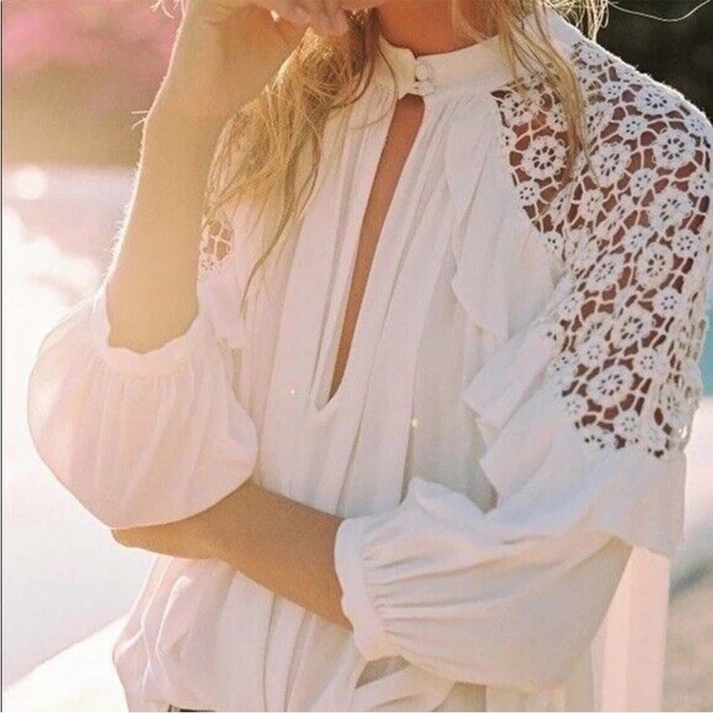 Free People White Crochet Shoulder Peasant Blouse
